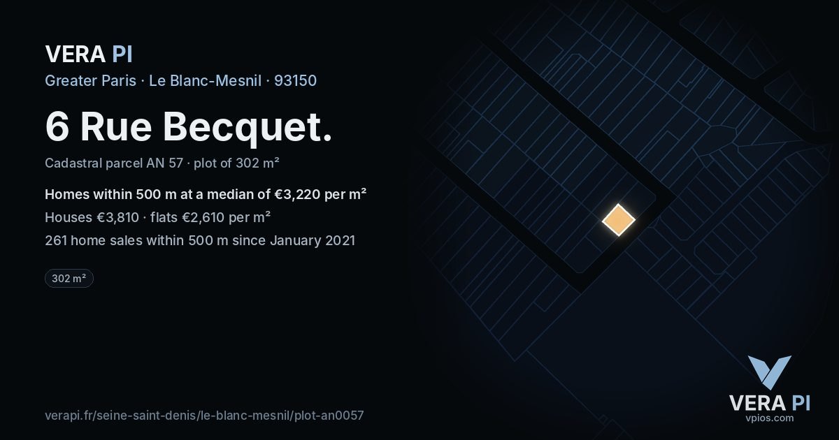 6 Rue Becquet, Le Blanc-Mesnil at night – the plot lit, the parcels around coloured by the prices near them