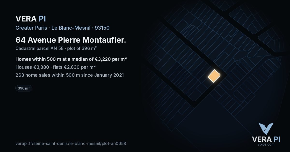 64 Avenue Pierre Montaufier, Le Blanc-Mesnil at night – the plot lit, the parcels around coloured by the prices near them