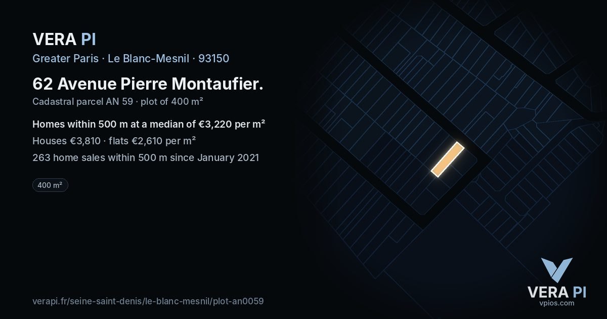 62 Avenue Pierre Montaufier, Le Blanc-Mesnil at night – the plot lit, the parcels around coloured by the prices near them
