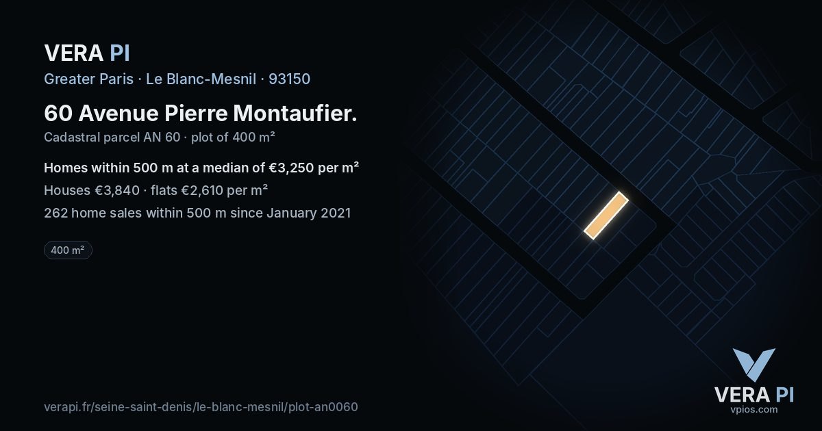 60 Avenue Pierre Montaufier, Le Blanc-Mesnil at night – the plot lit, the parcels around coloured by the prices near them
