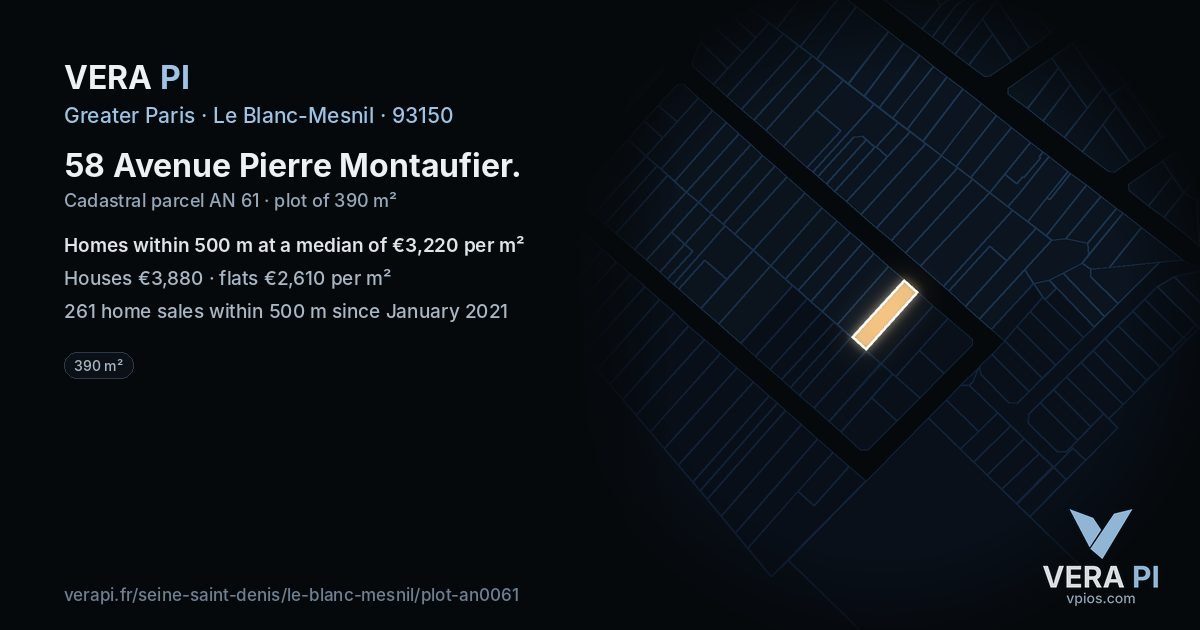 58 Avenue Pierre Montaufier, Le Blanc-Mesnil at night – the plot lit, the parcels around coloured by the prices near them