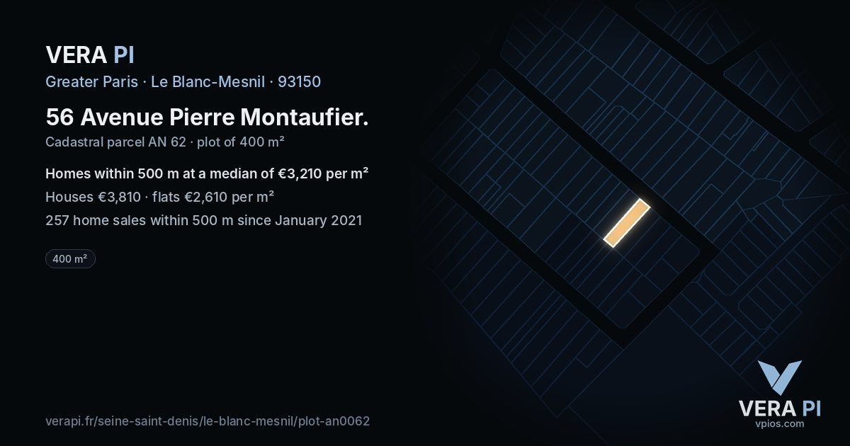 56 Avenue Pierre Montaufier, Le Blanc-Mesnil at night – the plot lit, the parcels around coloured by the prices near them