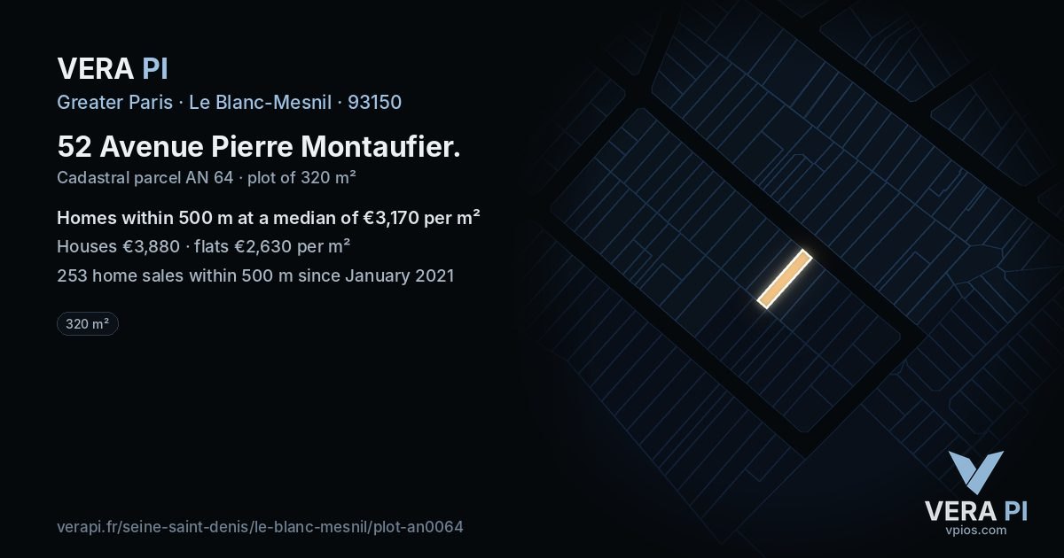 52 Avenue Pierre Montaufier, Le Blanc-Mesnil at night – the plot lit, the parcels around coloured by the prices near them