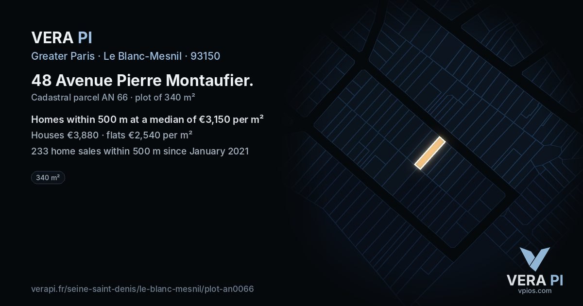 48 Avenue Pierre Montaufier, Le Blanc-Mesnil at night – the plot lit, the parcels around coloured by the prices near them