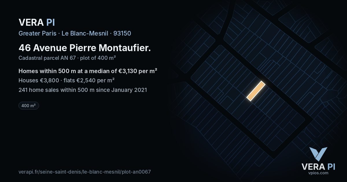 46 Avenue Pierre Montaufier, Le Blanc-Mesnil at night – the plot lit, the parcels around coloured by the prices near them