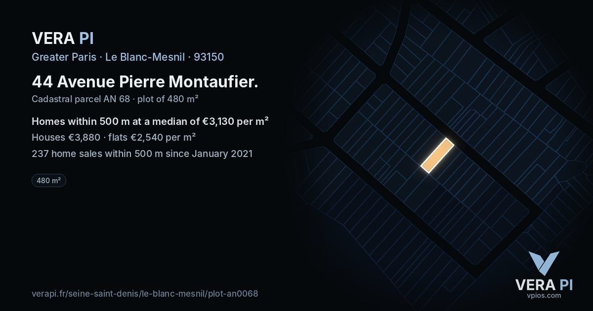 44 Avenue Pierre Montaufier, Le Blanc-Mesnil at night – the plot lit, the parcels around coloured by the prices near them