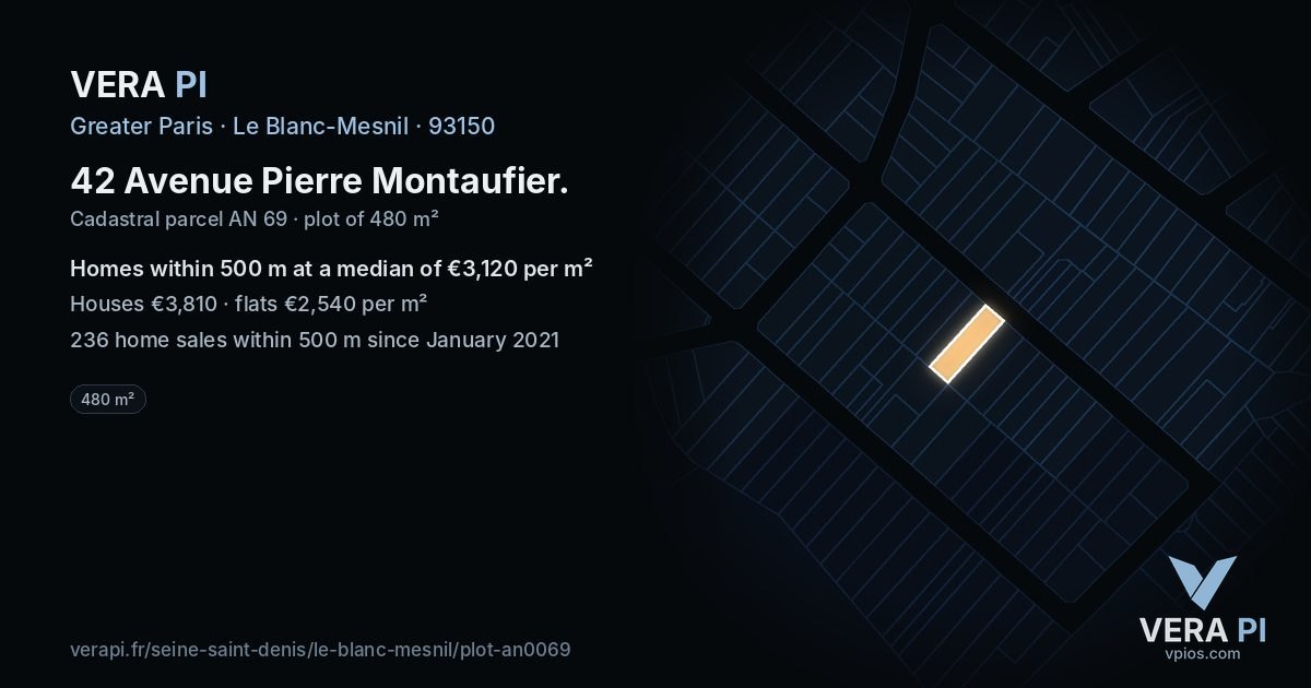 42 Avenue Pierre Montaufier, Le Blanc-Mesnil at night – the plot lit, the parcels around coloured by the prices near them