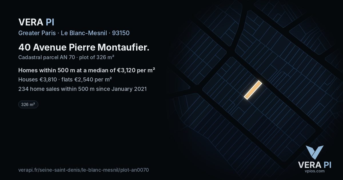 40 Avenue Pierre Montaufier, Le Blanc-Mesnil at night – the plot lit, the parcels around coloured by the prices near them