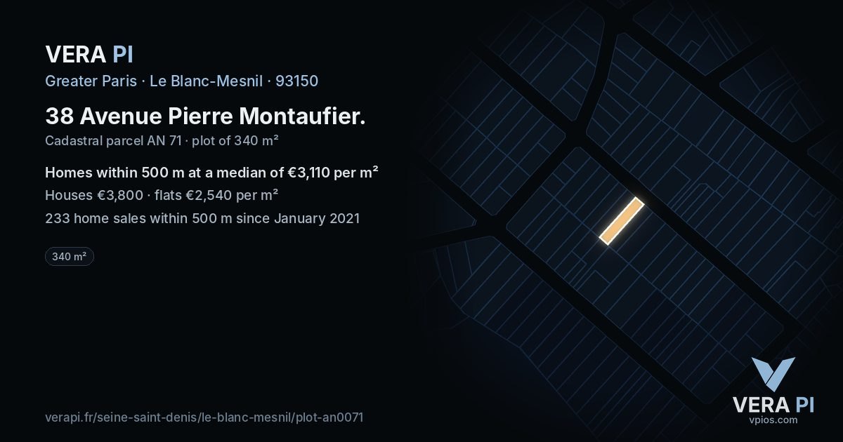 38 Avenue Pierre Montaufier, Le Blanc-Mesnil at night – the plot lit, the parcels around coloured by the prices near them