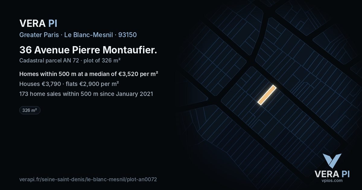 36 Avenue Pierre Montaufier, Le Blanc-Mesnil at night – the plot lit, the parcels around coloured by the prices near them