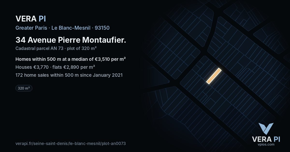 34 Avenue Pierre Montaufier, Le Blanc-Mesnil at night – the plot lit, the parcels around coloured by the prices near them