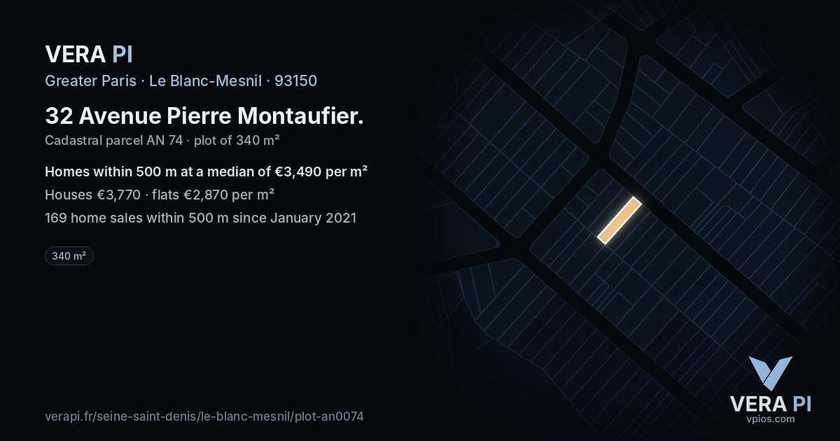 32 Avenue Pierre Montaufier, Le Blanc-Mesnil at night – the plot lit, the parcels around coloured by the prices near them