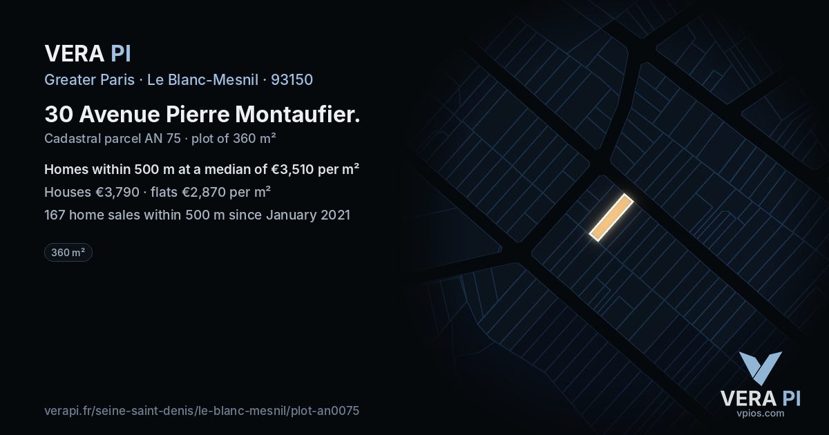 30 Avenue Pierre Montaufier, Le Blanc-Mesnil at night – the plot lit, the parcels around coloured by the prices near them