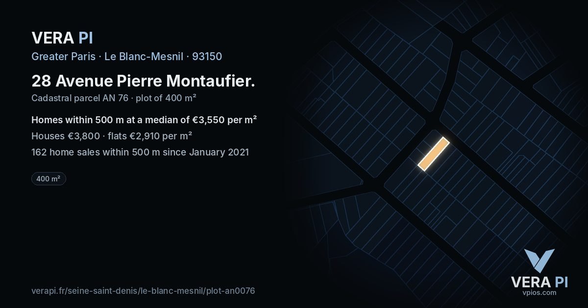 28 Avenue Pierre Montaufier, Le Blanc-Mesnil at night – the plot lit, the parcels around coloured by the prices near them