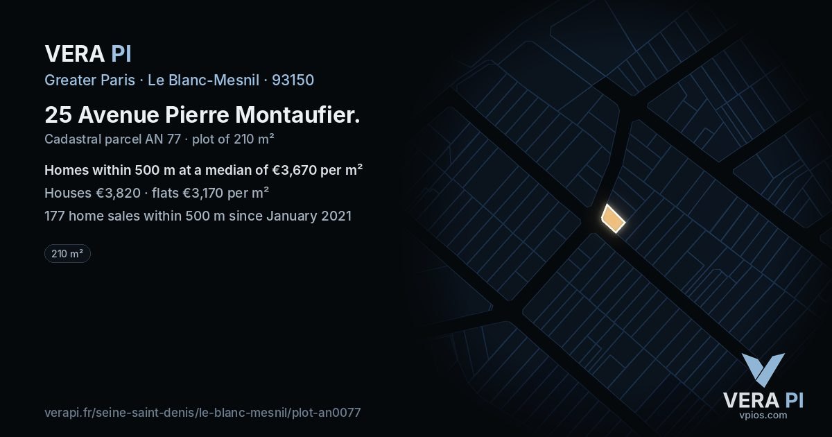 25 Avenue Pierre Montaufier, Le Blanc-Mesnil at night – the plot lit, the parcels around coloured by the prices near them
