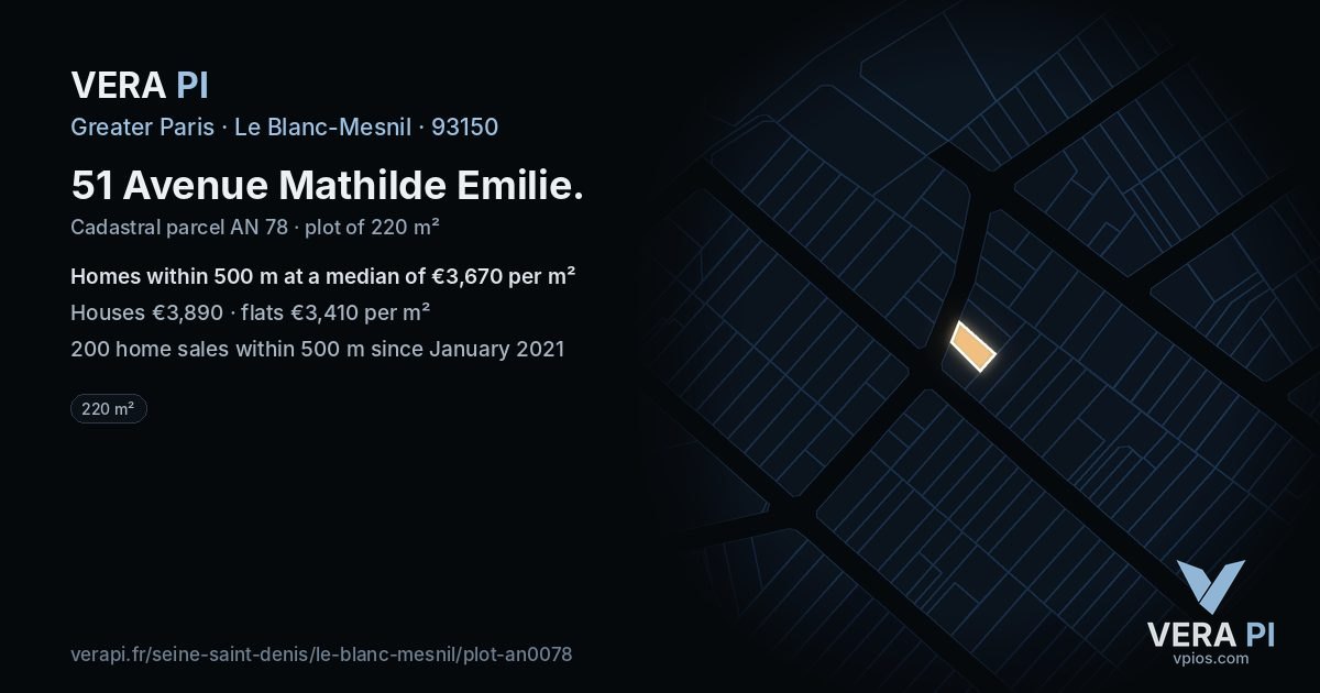 51 Avenue Mathilde Emilie, Le Blanc-Mesnil at night – the plot lit, the parcels around coloured by the prices near them