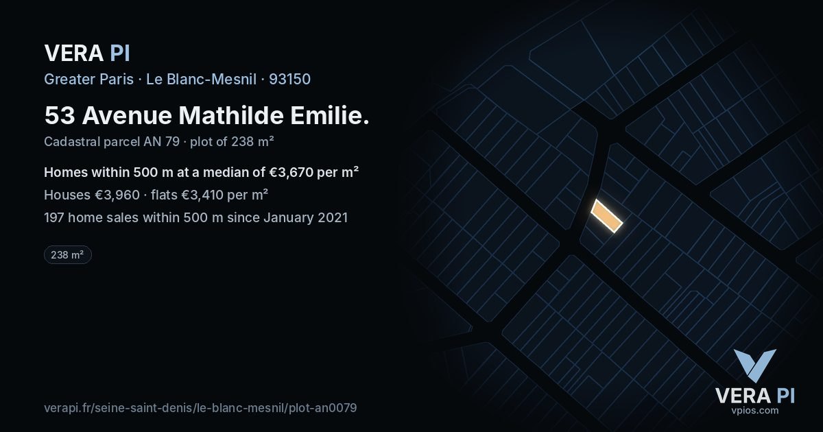 53 Avenue Mathilde Emilie, Le Blanc-Mesnil at night – the plot lit, the parcels around coloured by the prices near them