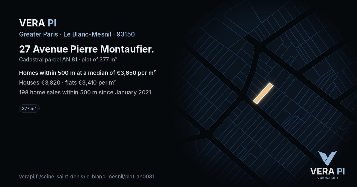 27 Avenue Pierre Montaufier, Le Blanc-Mesnil at night – the plot lit, the parcels around coloured by the prices near them