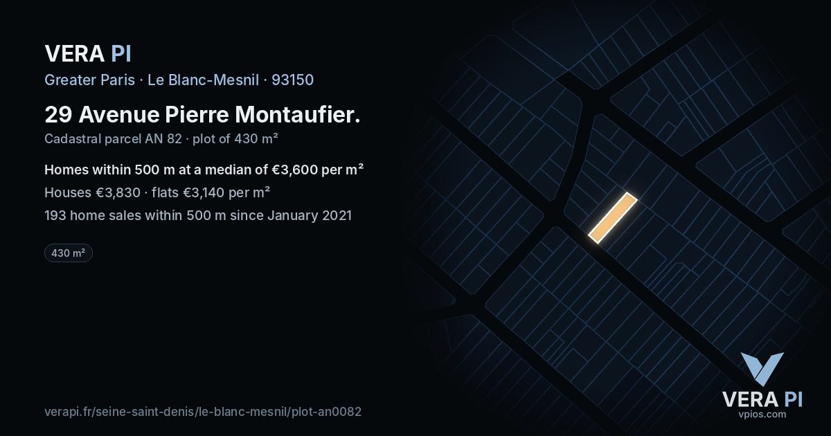 29 Avenue Pierre Montaufier, Le Blanc-Mesnil at night – the plot lit, the parcels around coloured by the prices near them