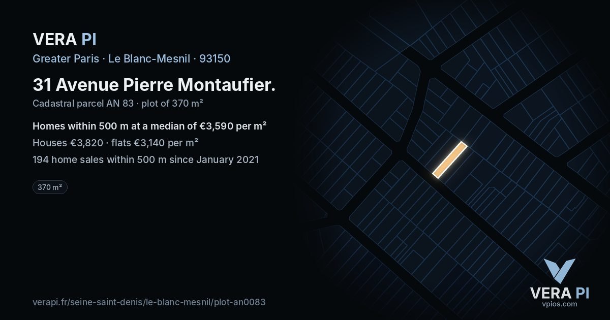 31 Avenue Pierre Montaufier, Le Blanc-Mesnil at night – the plot lit, the parcels around coloured by the prices near them