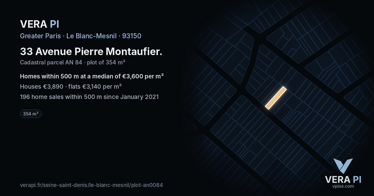 33 Avenue Pierre Montaufier, Le Blanc-Mesnil at night – the plot lit, the parcels around coloured by the prices near them