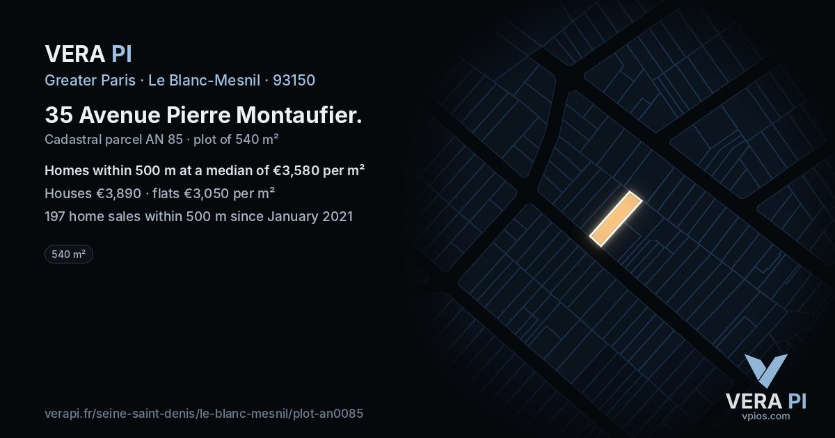 35 Avenue Pierre Montaufier, Le Blanc-Mesnil at night – the plot lit, the parcels around coloured by the prices near them
