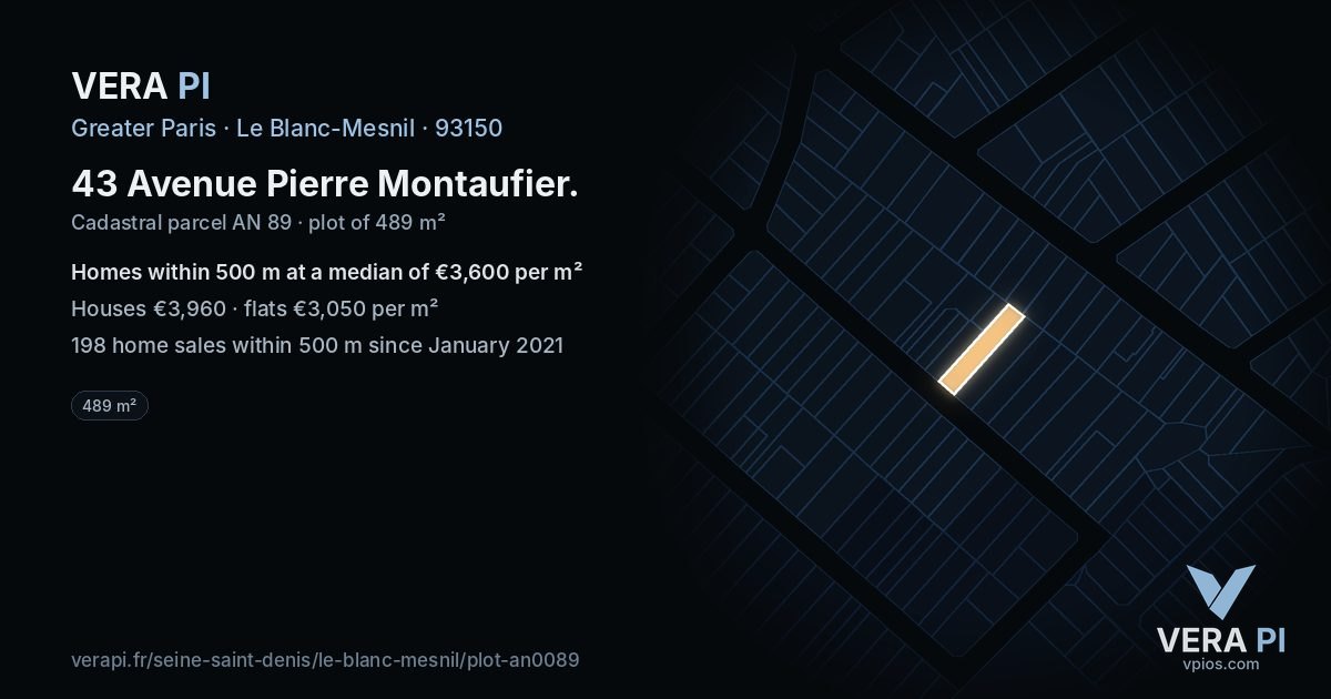43 Avenue Pierre Montaufier, Le Blanc-Mesnil at night – the plot lit, the parcels around coloured by the prices near them