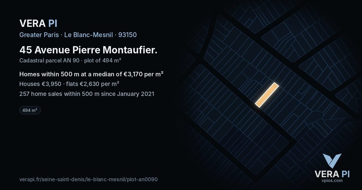 45 Avenue Pierre Montaufier, Le Blanc-Mesnil at night – the plot lit, the parcels around coloured by the prices near them