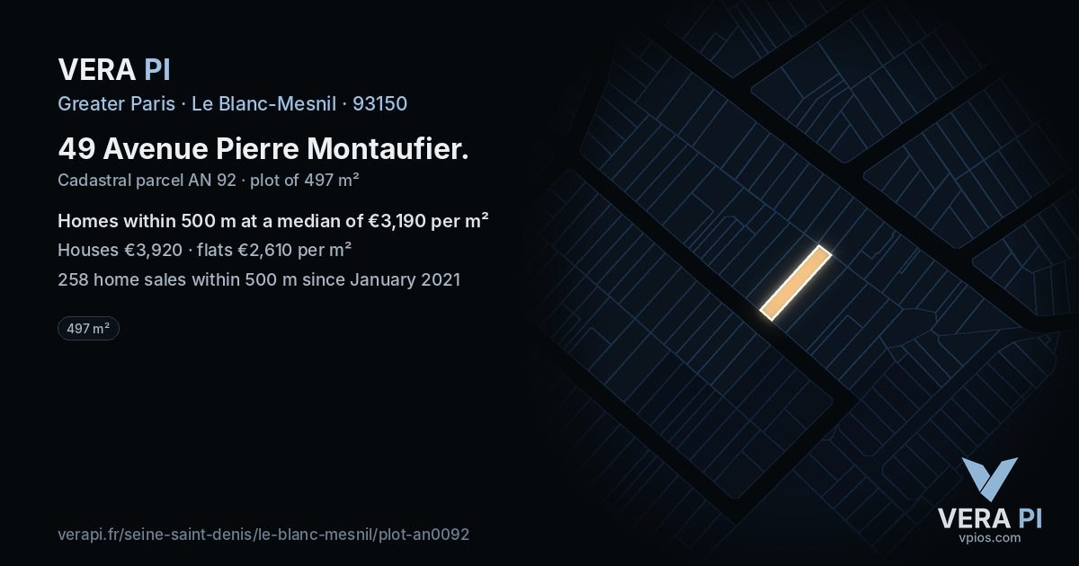 49 Avenue Pierre Montaufier, Le Blanc-Mesnil at night – the plot lit, the parcels around coloured by the prices near them