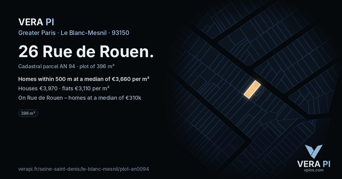 26 Rue de Rouen, Le Blanc-Mesnil at night – the plot lit, the parcels around coloured by the prices near them