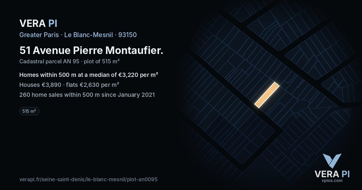 51 Avenue Pierre Montaufier, Le Blanc-Mesnil at night – the plot lit, the parcels around coloured by the prices near them