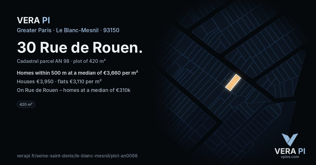30 Rue de Rouen, Le Blanc-Mesnil at night – the plot lit, the parcels around coloured by the prices near them