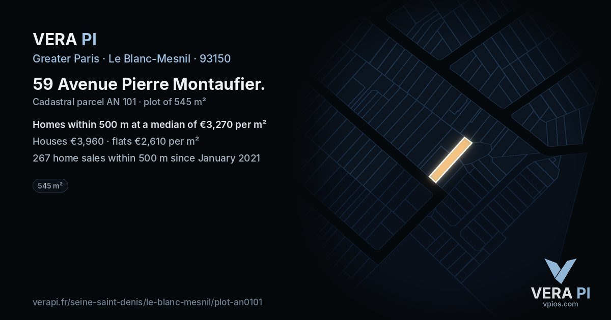 59 Avenue Pierre Montaufier, Le Blanc-Mesnil at night – the plot lit, the parcels around coloured by the prices near them
