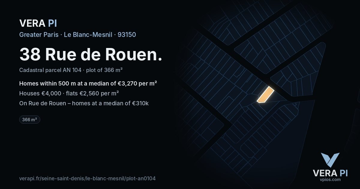 38 Rue de Rouen, Le Blanc-Mesnil at night – the plot lit, the parcels around coloured by the prices near them