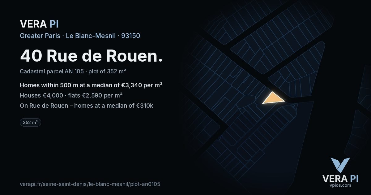 40 Rue de Rouen, Le Blanc-Mesnil at night – the plot lit, the parcels around coloured by the prices near them