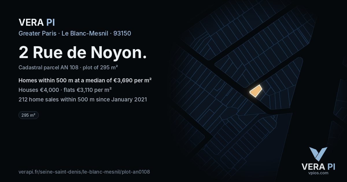 2 Rue de Noyon, Le Blanc-Mesnil at night – the plot lit, the parcels around coloured by the prices near them