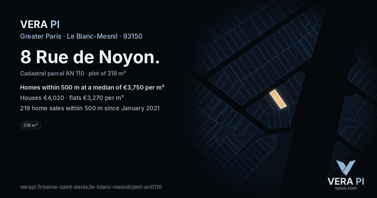 8 Rue de Noyon, Le Blanc-Mesnil at night – the plot lit, the parcels around coloured by the prices near them