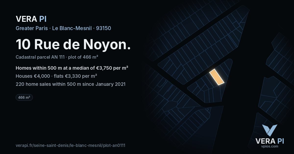 10 Rue de Noyon, Le Blanc-Mesnil at night – the plot lit, the parcels around coloured by the prices near them