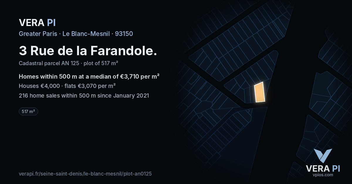 3 Rue de la Farandole, Le Blanc-Mesnil at night – the plot lit, the parcels around coloured by the prices near them