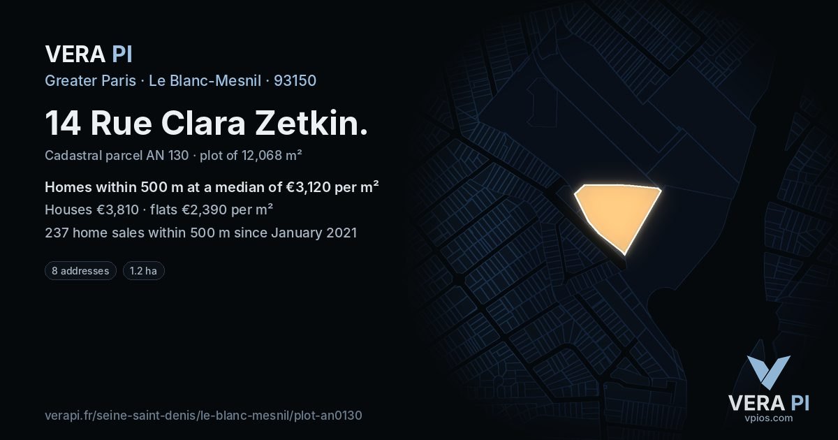 14 Rue Clara Zetkin, Le Blanc-Mesnil at night – the plot lit, the parcels around coloured by the prices near them