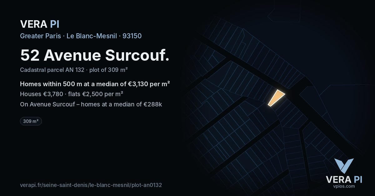 52 Avenue Surcouf, Le Blanc-Mesnil at night – the plot lit, the parcels around coloured by the prices near them