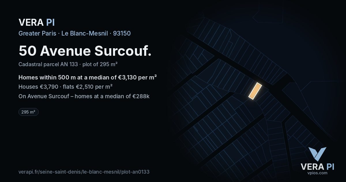 50 Avenue Surcouf, Le Blanc-Mesnil at night – the plot lit, the parcels around coloured by the prices near them