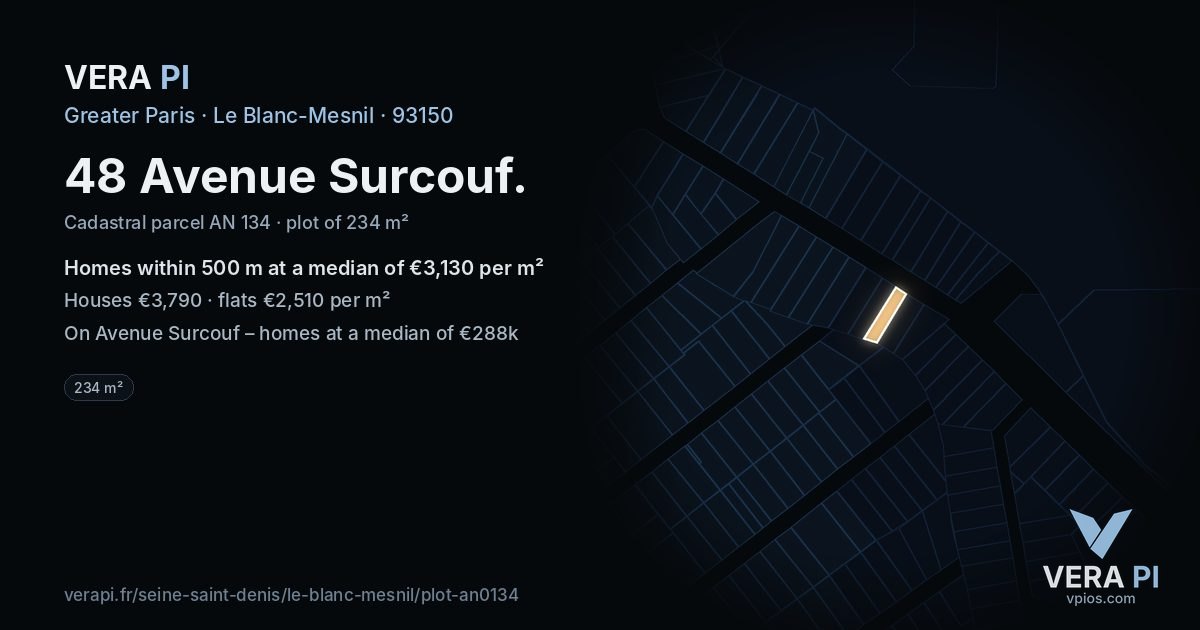 48 Avenue Surcouf, Le Blanc-Mesnil at night – the plot lit, the parcels around coloured by the prices near them