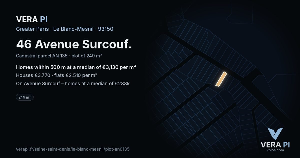 46 Avenue Surcouf, Le Blanc-Mesnil at night – the plot lit, the parcels around coloured by the prices near them