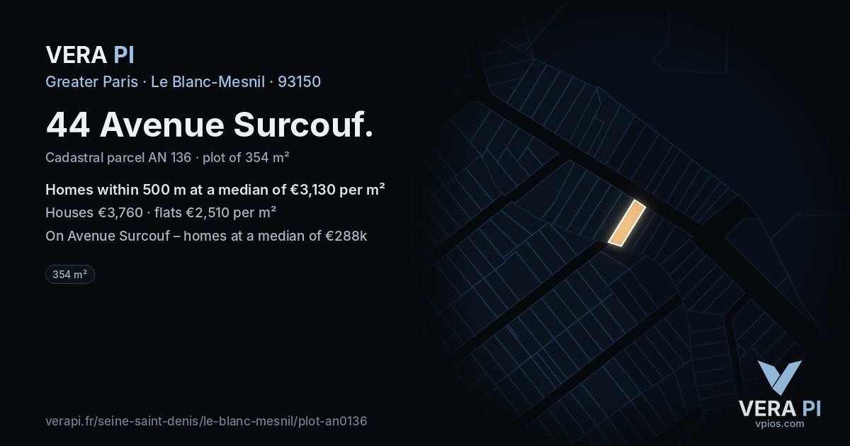 44 Avenue Surcouf, Le Blanc-Mesnil at night – the plot lit, the parcels around coloured by the prices near them