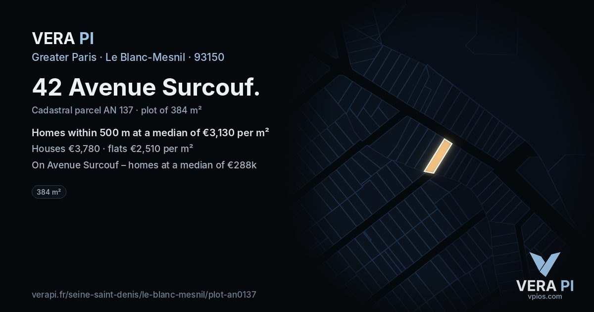 42 Avenue Surcouf, Le Blanc-Mesnil at night – the plot lit, the parcels around coloured by the prices near them