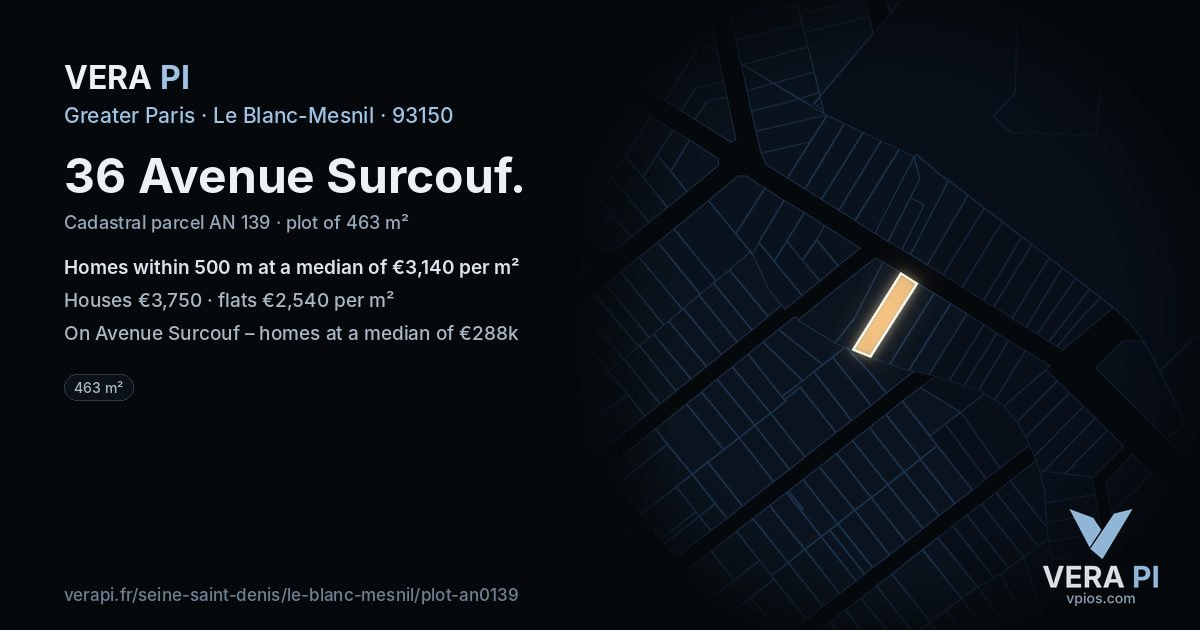 36 Avenue Surcouf, Le Blanc-Mesnil at night – the plot lit, the parcels around coloured by the prices near them