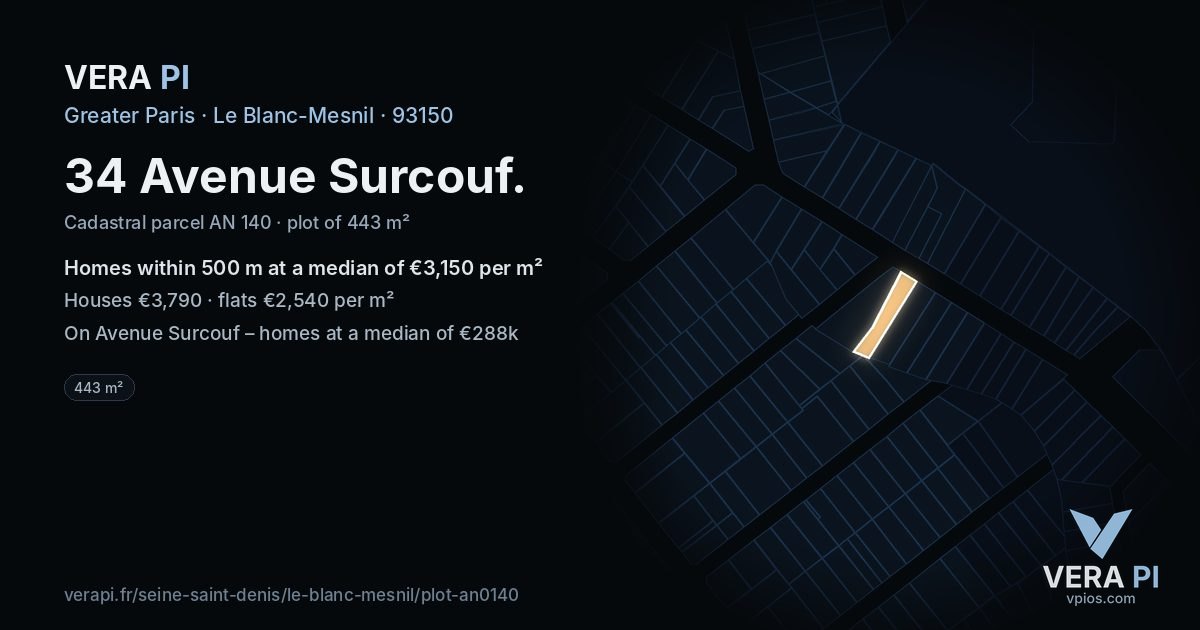 34 Avenue Surcouf, Le Blanc-Mesnil at night – the plot lit, the parcels around coloured by the prices near them