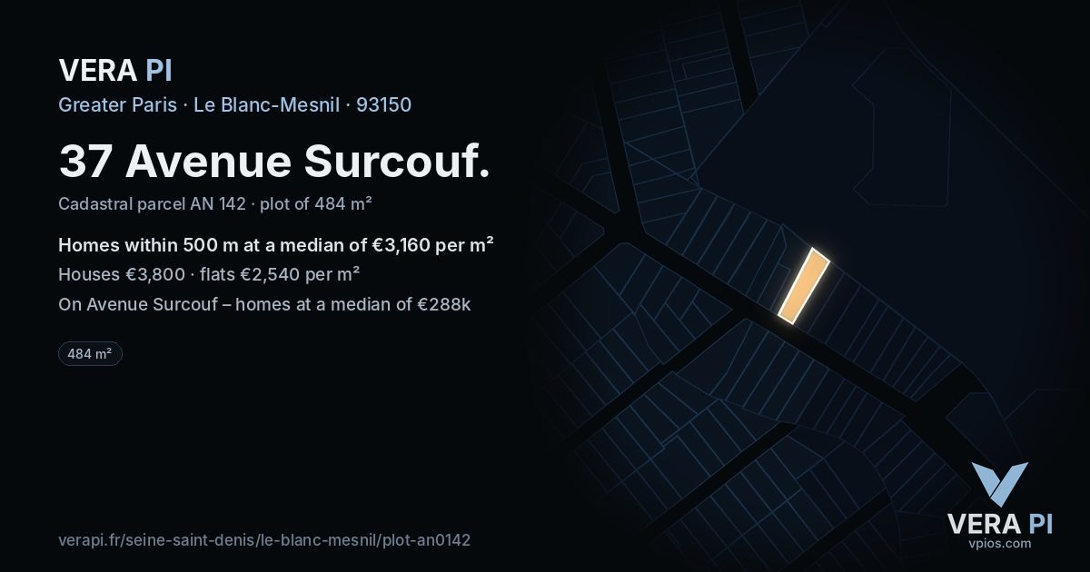 37 Avenue Surcouf, Le Blanc-Mesnil at night – the plot lit, the parcels around coloured by the prices near them
