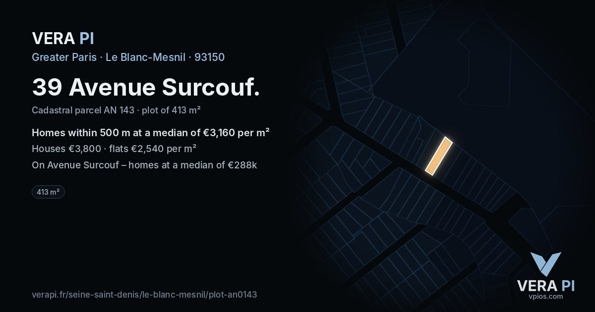 39 Avenue Surcouf, Le Blanc-Mesnil at night – the plot lit, the parcels around coloured by the prices near them